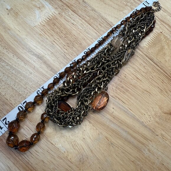 Multi-Strand Bronze Chain & Amber Beaded Statement Necklace By Talbots - Picture 3 of 9